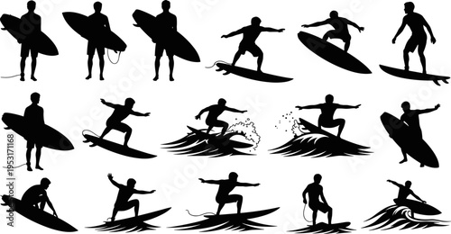 Surfer silhouette set riding waves with surfboard ocean sport action beach lifestyle extreme water activity collection isolated figures