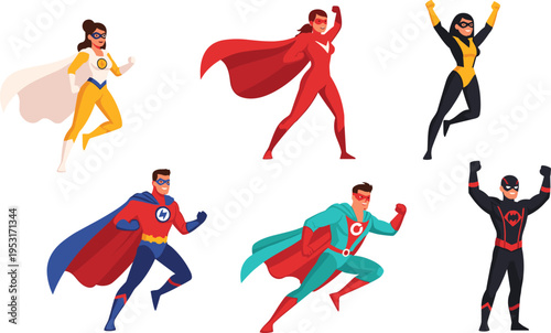 Superhero characters collection, comic style male and female heroes with cape action poses cartoon vector illustration set