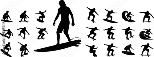 Surfing and skateboarding silhouettes collection, extreme sport action poses, surfer and skateboarder set, dynamic motion illustration, outdoor adventure lifestyle design