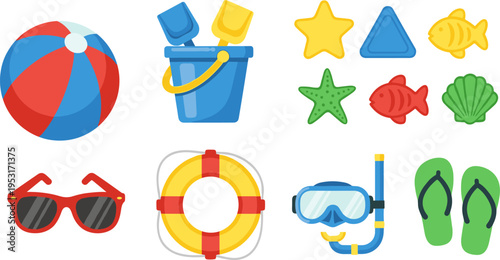Summer beach toys and accessories set, ball, bucket, sunglasses, snorkel, flip flops, seashells, cartoon vacation illustration