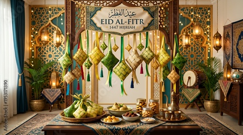 Eid al Fitr decorations with traditional foods and ornaments