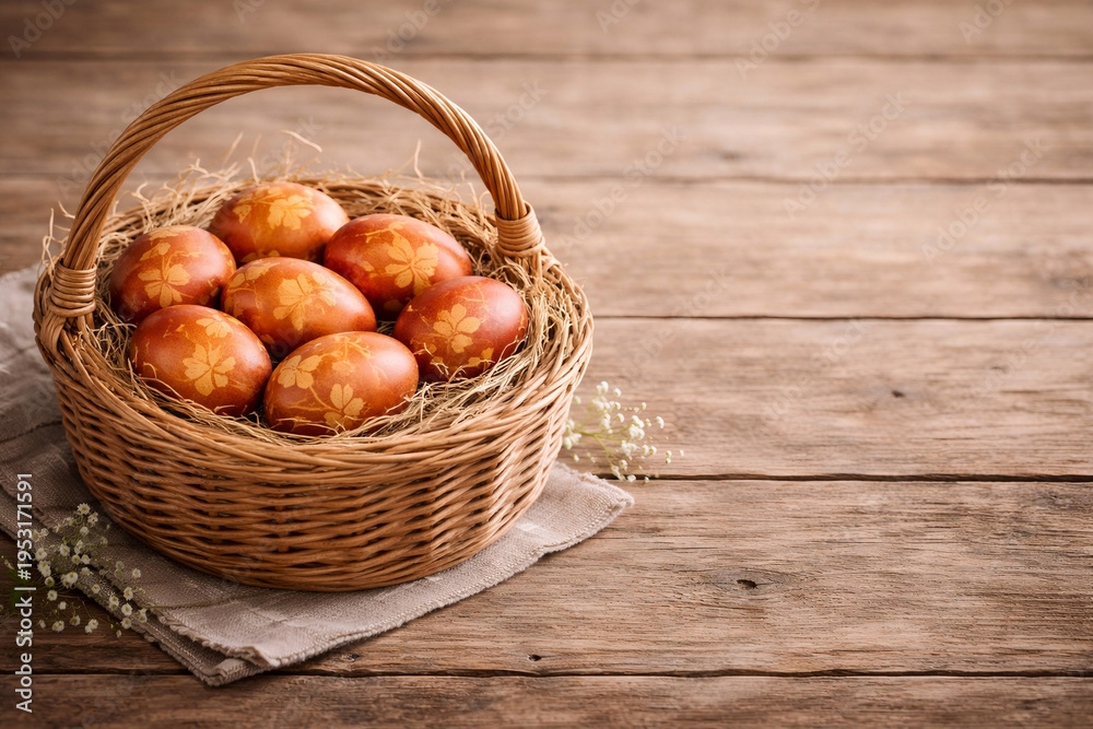 Obraz premium Naturally dyed onion skin Easter eggs in rustic wicker basket with copy space
