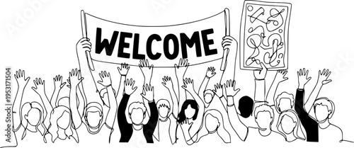 A crowd of people waves and cheers, a fan meeting drawn minimally in one continuous line. Human hands with a poster, a welcome banner vector illustration. People at a music concert