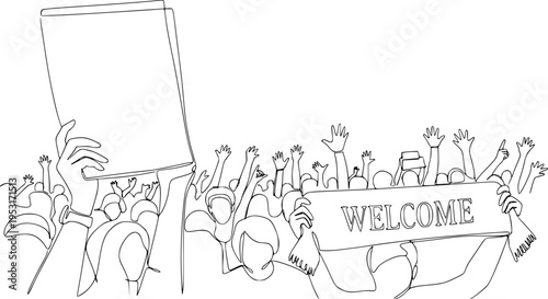 A crowd of people waves and cheers, a fan meeting drawn minimally in one continuous line. Human hands with a poster, a welcome banner vector illustration. People at a music concert