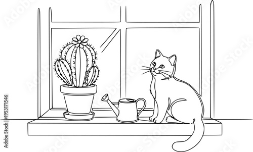 Continuous one Line Drawing of Vector Cute Cactus. Black and White Sketch House Plants with a cat and a watering can on the window sill.
