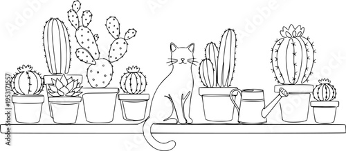 Continuous one Line Drawing of Vector Cute Cactus. Black and White Sketch House Plants with a cat and a watering can on the window sill.
