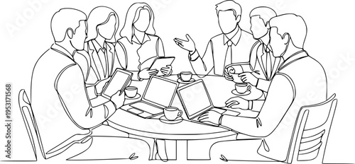 Business team meeting continuous line drawing. Friends in cafe contour vector illustration.
