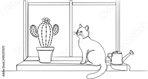Continuous one Line Drawing of Vector Cute Cactus. Black and White Sketch House Plants with a cat and a watering can on the window sill.
