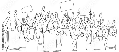 Cheerful crowd cheering illustration. Hands up. Group of applause people continuous one line vector drawing.
