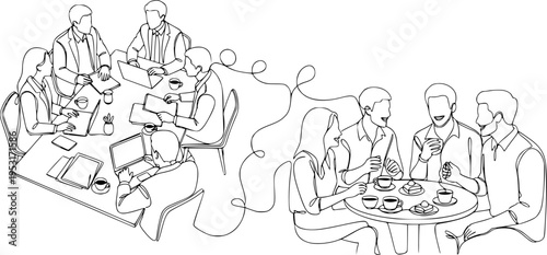 Business team meeting continuous line drawing. Friends in cafe contour vector illustration.
