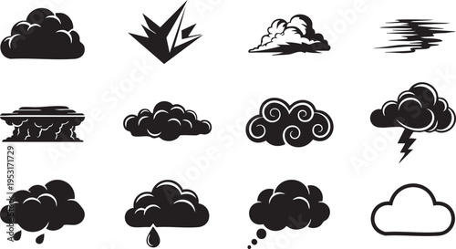 Weather forecast icons featuring various cloud types and stormy weather conditions