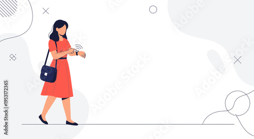 Woman in Red Dress Checking Smartwatch While Walking with Bag