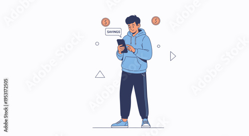 Young man using smartphone for savings, online banking, financial app, modern lifestyle