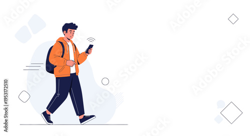 Young man walking while looking at his smartphone, with a backpack on.