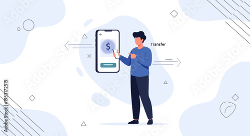 Man making mobile money transfer on smartphone, online payment concept