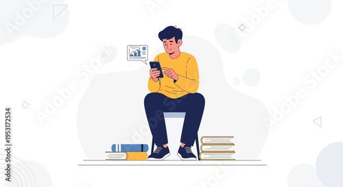 Young man using smartphone with financial chart, sitting on chair with books
