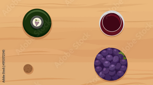 Cheese wine and grapes on table.