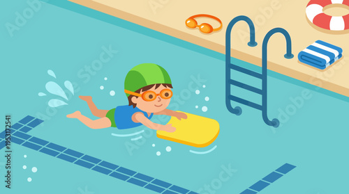 Child swimming with yellow flotation device.