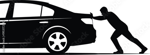 Man pushing broken car silhouette illustration, vehicle breakdown concept, roadside assistance, emergency situation, auto problem, transportation failure, vector design artwork