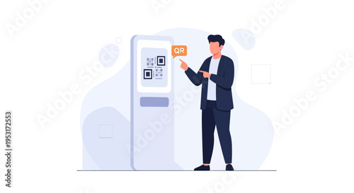 Man Scanning QR Code on Interactive Kiosk for Digital Payment or Information