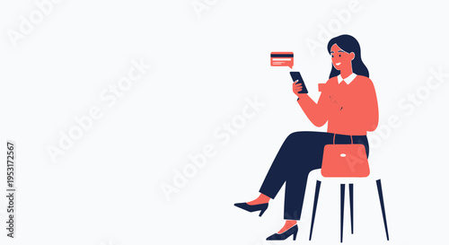 Woman using smartphone for online shopping with credit card and handbag