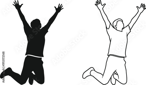 Happy Man Jumping Silhouette and Outline Vector Vector