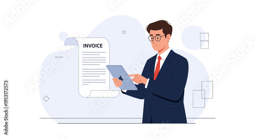 Businessman analyzing invoice on tablet, modern office illustration
