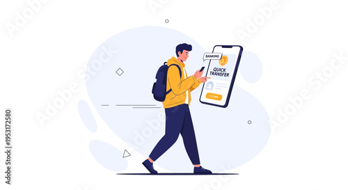 Man with backpack using smartphone for quick money transfer, online banking concept