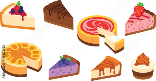 Assorted Cheesecake and Dessert Slice Flat Vector Icon Set Featuring Strawberry, Chocolate, Blueberry, and Cream Cakes Isolated on White Background for Bakery Design
