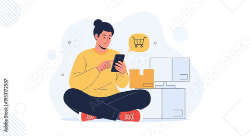 Man using smartphone for online shopping, delivery boxes and computer