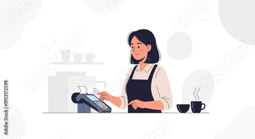 Barista using payment terminal for contactless transaction in cafe