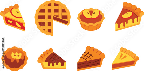 Assorted Pie Slice and Whole Pie Flat Vector Icon Set Featuring Apple, Chocolate, and Fruit Desserts Isolated on White Background for Bakery Design