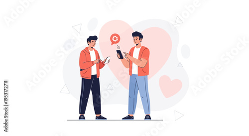 Two men communicating via smartphones with hearts and gears icons