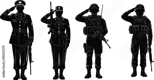 military and police officer silhouettes set, soldiers saluting, armed forces collection, security personnel, defense concept, isolated black silhouettes illustration pack