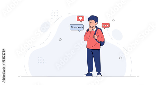 Young man thinking about social media comments and likes, online communication concept