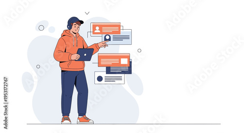 Man with headphones and laptop analyzing data cards, digital marketing concept