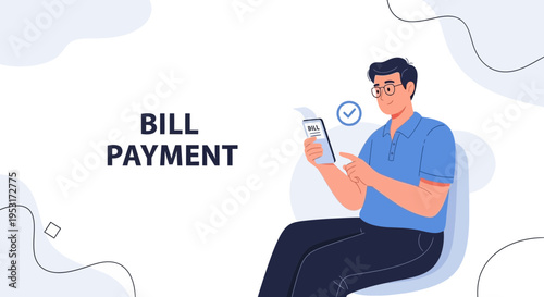 Man Paying Bills Online Using Mobile Phone, Digital Payment Concept