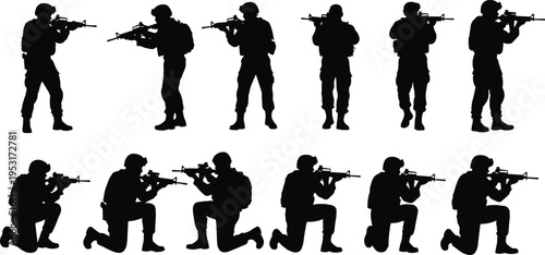 Military soldiers aiming rifles in combat positions, army infantry tactical training, battlefield defense strategy, armed forces silhouette set