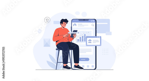 Man Using Mobile App for Financial Analysis with Digital Interface and Charts