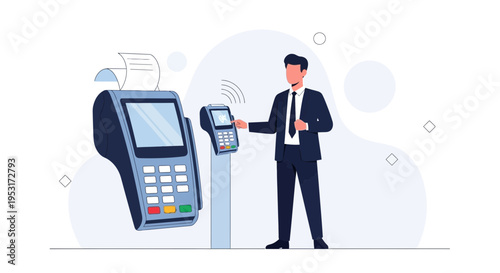 Man making contactless payment with mobile phone at POS terminal