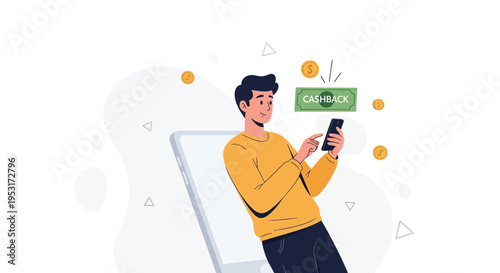 Man Using Smartphone for Cashback and Online Shopping, Digital Money Concept