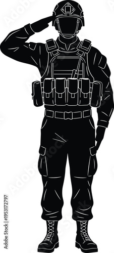 military soldier silhouette saluting, armed forces personnel, army uniform gear, defense service concept, tactical equipment, isolated black soldier illustration