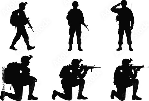 Military soldiers with rifles in combat stance, army infantry tactical training, battlefield defense operation, armed forces silhouette collection set