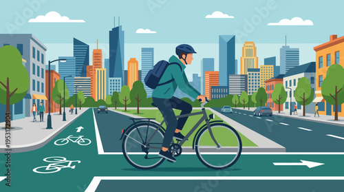 Man Riding Bike in City Lane.