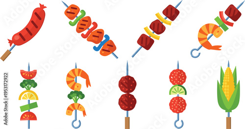 Barbecue Skewer Food Collection Vector Illustration with Grilled Meat Shrimp Sausage Vegetable and Fruit Kebab Sticks for BBQ Party Street Food Menu Design