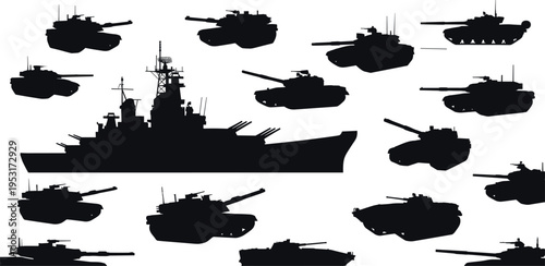 Military tanks and battleship silhouette set armored combat vehicles naval warship army defense vector illustration collection isolated