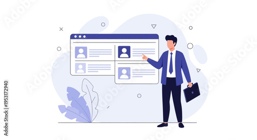 Businessman selecting candidate from online profile list on screen, recruitment concept