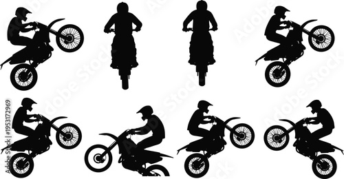 Motocross rider silhouettes performing motorcycle stunts wheelie jump and racing poses extreme sports dirt bike vector illustration set