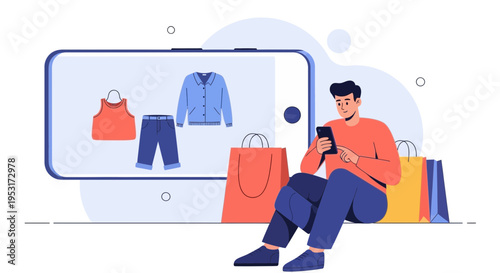 Man shopping online on smartphone with clothes and shopping bags