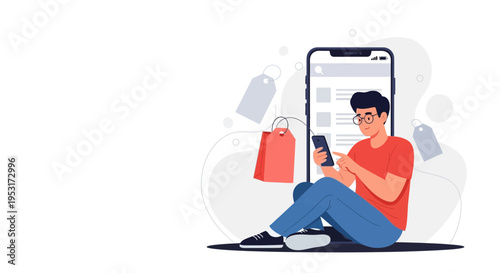 Man Shopping Online Using Smartphone with Shopping Bag and Tags
